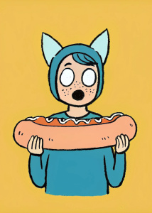 un niño rapero con ojos de anime y grandes orejas de cerdo, comiéndose un inmenso hotdog en la calle