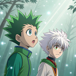 Digital artwork featuring Gon Freed and Killua Zoldyck from Hunter x Hunter. Gon's hair is bright green, looking wide-eyed and amazed. Killua with neat white hair, expression intense and determined. Background filled with a serene, ethereal glow.