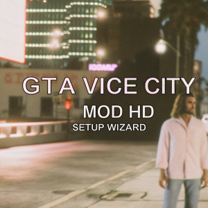 GTA Vice City Mod HD Setup Wizard opening screen. Neon cityscape background, modern interface with bold outlined characters, limited color palette.
