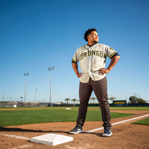 Adrian Martinez, wearing a San Diego Padres jersey, standing on a baseball field during a sunny day.