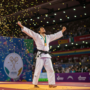 Alisher Yusupov, Uzbek judoka, in victory pose. Crowded arena, confetti flying.