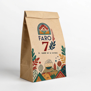Packaging design for Faro 7 El Sabro de la Victoria. Modern, sleek kraft paper bag with stand-up feature. Colorful logo and Spanish text. Unique illustrations