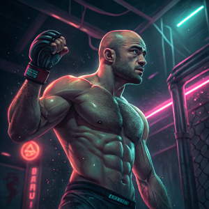 Marlon Moraes, muscular MMA fighter, shirtless and flexing in a neon-lit underground gym. Background is dark with glowing fitness equipment.