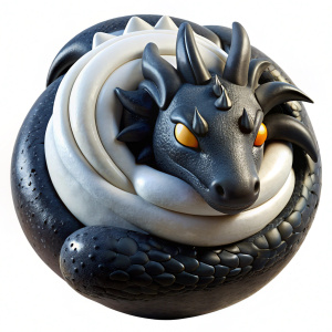 black and white. dragon curled up in a ball White backgroung