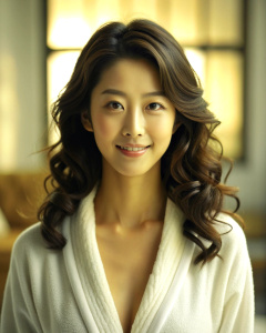 1girl, 18-year-old Korean actress Clara Lee Sung-min, with medium curly brown hair, wearing an open white bathrobe, luxurious bedroom: 1.2, collarbone, looking at the audience, chest: 1.5, ((perfect body proportion)), (panorama: 1.3) , beautiful and mature, grinning, deep shadow, Mario Testino style, half body to chest: 1.2, <lora:DetailedEyes_xl_V2:1>, <lora:neg4all_bdsqlsz_xl_V7:1>, (super delicate oval face)), ((beauty with long eyelashes Eyes,((real quality)),((Leica RAW photo)),64k,((fideli