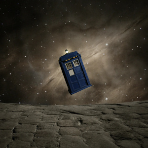 The iconic blue TARDIS from the Doctor Who series suspended amidst a vibrant cosmic landscape. The swirling patterns of starlight and interstellar dust provide a breathtaking backdrop to the familiar police box-like structure.