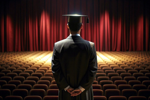 the back of a young man in his graduation, in front of an empty theater, in a medium frame shot