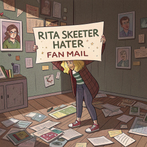 Someone holding a sign that reads 'Rita Skeeter Hater Fan Mail'. The room is cluttered with papers and posters scattered on the floor.