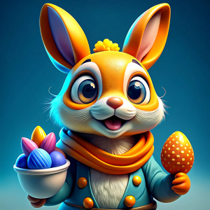 3D playing card with a scary Easter rabbit coming out the middle the rabbit is airbrush fx style with lots of detailed cute purple and pareled colored rabbit he’s holding a basket of water eggs and there’s a thick smoke behind this card 3D render bold colors fine lines graffiti neon