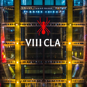 Digital artwork showcasing the VIII CLA logo. Bold spider-themed graphic alongside sleek, sans-serif text. Set against a deep black backdrop, creating a modern, sophisticated aesthetic.