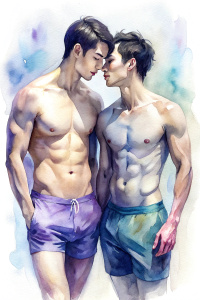 Two cute slender muscled shirtless 32-years-old Asian men with very short dark hair, at full height, wearing short and tight swimjammers, holding each other's hands and kissing each other