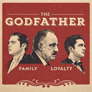 Vintage poster for 'The Godfather'. Featuring iconic quotes about family and loyalty against a bold crimson backdrop.