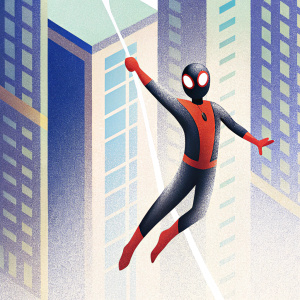 Peter Parker, the superhero, in action pose. Black and red spandex suit, dynamic cityscape background