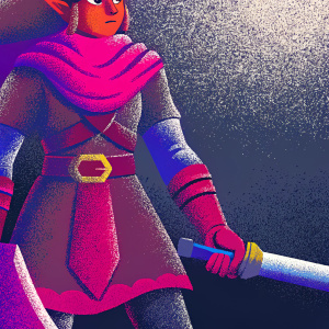 Zelda Sheika, a character from The Legend of Zelda, depicted in a detailed digital illustration. She is portrayed in a warrior-like stance with earthy tones and muted colors. Her attire and expression are meticulously rendered. The background is subtle and textured.