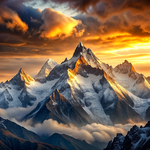 Snow-capped mountain peaks during sunrise.

