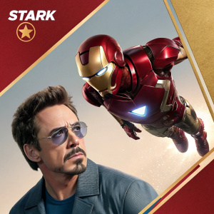 Promotional poster for Iron Man. Red and gold color scheme. Stark logo in top left corner. Dynamic image of Iron Man flying. Close-up of Robert Downey Jr. in casual attire. Layout sleek, modern, and action-packed.