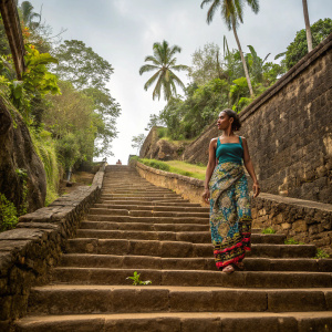 A woman in a vibrant patterned skirt walking down ancient stone steps in the heart of Sri Lanka.