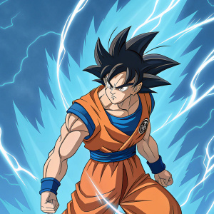 Anime illustration featuring Goku. Blue energy waves background