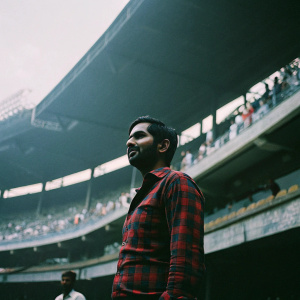 Bhuvneshwar Kumar, Indian cricketer, wearing a red and black plaid shirt, standing in front of a cricket stadium crowd.