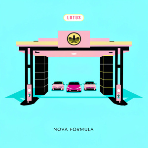 3D digital artwork showcasing Nova Formula, a futuristic architectural marvel by Lotus. Dimly lit parking lot with various cars in the background. Prominent display of the Lotus logo and sleek design.