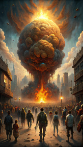 multitud de personas corriendo por una calle asustadas con una explosion nuclear detras, super realista, 4k, con texturas, imagen con hdr



