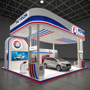 Immersive 3D visualization of Petron's trade show exhibit. Sleek, modern booth design with vibrant branding. Bright lighting highlights cutting-edge vehicle display. Aesthetic blend of white, blue, and red hues. Informative materials showcased on central promotional stand.