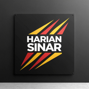 Modern graphic design with bold 'Harian Sinar' logo. Against a solid black background.