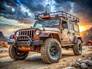 jeep wrangler rusty  zombie killer, extreme off road. post apokaliptic style. bull bar side bar, off road accessories