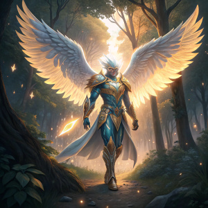Angemon, the radiant Digimon, is showcased in an energetic pose. His wings are fully extended, casting a golden glow. The colors of his form include blue, silver, and gold. He stands in a mysterious forest at twilight, where a faint light illuminates his angelic features.
