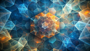 Abstract mosaic of overlapping translucent shapes creating depth and dimension