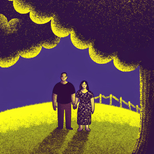 John Cena and Nikki Bella at the Nickelodeon Kids' Choice Awards. Both are dressed in casual outfits. He wears a simple black t-shirt, she in a floral dress. They're standing on a green outdoor lawn, smiling widely.