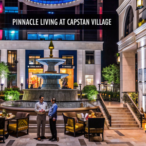 Luxury living advertisement for Pinnacle Living at Capstan Village. High-end residences showcased with well-dressed individuals in elegant settings. Vibrant tones and sophisticated designs highlighting the sales center and lifestyle offerings.