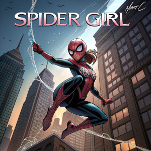 Comic book cover showcasing Spider Girl mid-air with dynamic pose. Tall buildings in background. Stylized artwork with high contrast. Marvel logo at top.