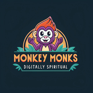 Digital illustration of Monkey Monks logo, a vibrant and imaginative design featuring a cartoon monkey with modern text. Below the logo, the phrase 'digitally spiritual' in an energetic font. The color scheme is a modern, eye-catching mix of orange, purple, and teal.