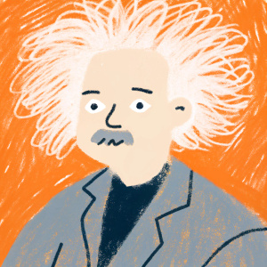 Pencil drawing of Albert Einstein. Focus on his iconic wild hair and deep-set eyes. White background.