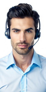 belleza extrema, teleoperador con cascos y micro ,boca cerrada, atractivo joven, guapo y muy natural, vista frontal, primer plano, imagen cercana, gesto agradable, mirada atractiva, ojos claros, vista de cuerpo entero, pelo negro, con pantalon blanco y camisa azul, moderna y elegante, entorno empresarial, primer plano, 4k, diseño, hiper realista
