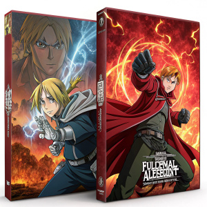 DVD covers for Fullmetal Alchemist Brotherhood. Anime characters in dramatic poses. Background with intense, fiery colors