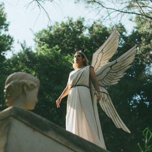 Concept art for Overwatch hero Mercy reimagined as a greek goddess. Standing against a light blue sky backdrop. Detailed sketches of her flowing white robe and celestial wings.