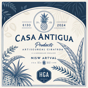 Label design for Casa Antigua products. Clean, modern aesthetic. Blue and dark navy hues. White or light gray accents. Stylized plant and palm frond logos. Informative, eye-catching. Clear branding, natural focus. Premium, artisanal style.