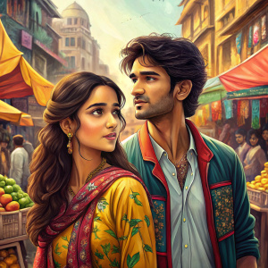 Collage showcasing Shradha Kapoor and Sushant Singh Rajput from a Bollywood film. Vibrant street market in the background.