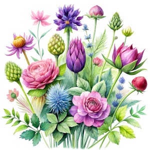 watercolor image , artichokes  ,pink centaurea ,nigella ,mentha ,, hydrangea , wild lupine ,compass plant ,dogwoodevening primrose ,nodding onion , cosmos,scilla,hosta ,achillea,carly dock ,bee balm , physalis , watercolor,  background