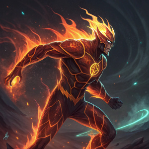 Heatblast from Ben 10 series, in aggressive posture, with fiery, intense look. Background: dark, cosmic swirls with hints of neon lights.