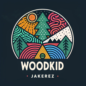 Woodkid by Jakerez, logo design. Vibrant colors blend with dark background. Abstract shapes and patterns. The name Jakerez positioned at the bottom.