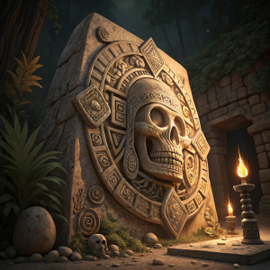 An ancient stone carving with intricate Aztec designs, featuring a prominent skull-like figure at the center. The stone is light tan in color and the scene is illuminated by flickering torchlight.