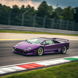 Purple Lamborghini Diablo SE30 Jota zooming past on Formula One track. Filled with energy and speed, the car's sharp, sleek design stands out against a blurred background of greenery and modern barriers.