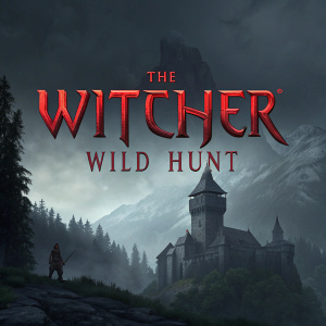 The Witcher: Wild Hunt logo in a dark, ominous background. Red and menacing font