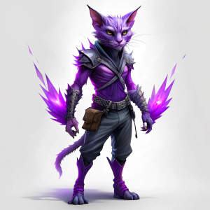 design illustration cyberpunk anthropomorphic graphic cat full length with violet crystals in hand. squinted evil eyes. standing on his feet. white background 