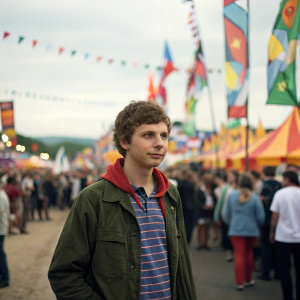 Michael Cera, actor, posing for a candid shot at a crowded, vibrant festival. Colorful flags and banners in the background.