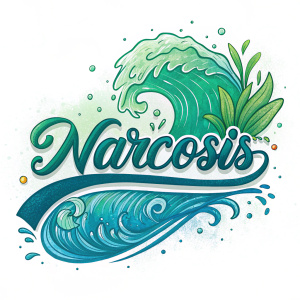 Creative watercolor-style logo for 'Narcosis', marine-themed brand. Vibrant green and blue hues, artistic font, white background