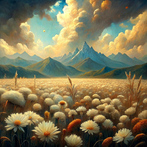 Vintage Old, Soft Colors, Oil Painting, Field Wheat, Landscape Small White Wild Flowers, Mountains, Sky and Clouds. Photo Realistic